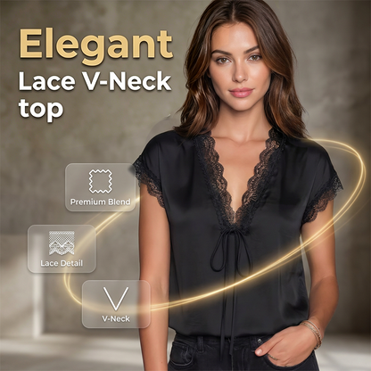 👚 50% OFF NOW! 🌙 Women's V-Neck Lace Top – Short Sleeve, Elegant & Day to Night – Intricate Lace Splicing, Relaxed Drape, Feminine Charm 🌸