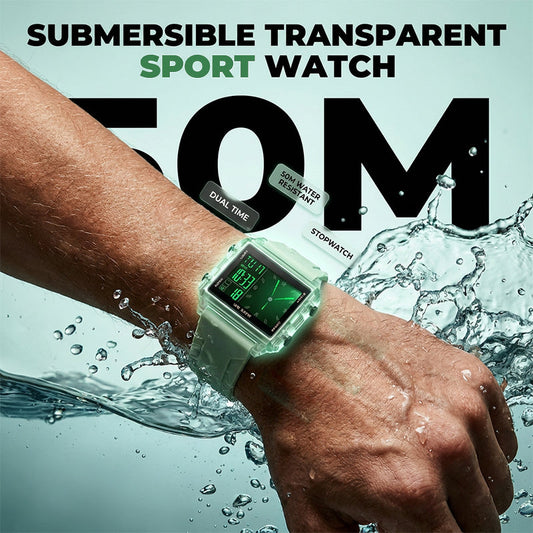 📢📢50% OFF !! ⏰Waterproof Transparent Digital Watch – 50M Rating, Luminous Display, Hybrid Time ✨