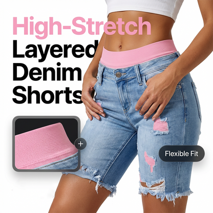 🩳 LIMITED-TIME 50% OFF! 💥 Women's Distressed Denim Shorts with Colorful Leggings Set – High-Stretch, Layered, High-Waist ✨