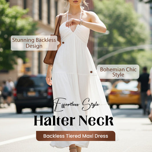 👗 PROMO LIMITÉE -50% ! ✨ Halter Neck Backless Tiered Maxi Dress – Deep V-Neck, Empire Waist, Flowy Tiered Skirt, 3 Colors, Sizes S-XXL 🌸