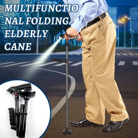 🦯 LIMITED TIME 50% OFF! 💡 Multifunction Folding Walking Cane – Built-In Light, Emergency Alarm, Quad Base & 5-Level Height Adjustment ✨