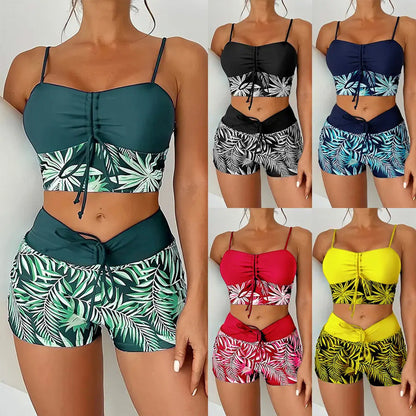 📢 LIMITED TIME 50% OFF! 👙 Women's Printed Two-Piece Swimsuit – High Waist Design, Boxer Style Bottoms & Lace-Up Detail ⏰✨