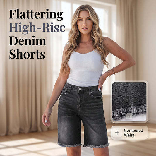 🩳 PROMO LIMITÉE -50% ! ✨ Women's Casual High Waisted Fringed Denim Shorts – Premium Stretch Denim, Boho Hem, 2 Colors, Sizes S-3XL 🌸