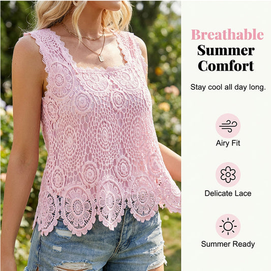 🎉 LIMITED TIME 50% OFF! 💝 Women's Elegant Square Neck Lace Tank Top – Crochet Lace & Scalloped Hem, 50K+ Sold! 🌸