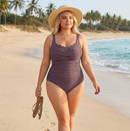 🎁 LIMITED TIME 50% OFF! 💥 Women's Classic Plus-Size One-Piece Swimsuit – Ruffled Tummy Control & Scalloped Neckline 👙