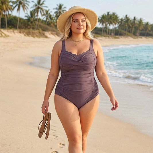 🎁 LIMITED TIME 50% OFF! 💥 Women's Classic Plus-Size One-Piece Swimsuit – Ruffled Tummy Control & Scalloped Neckline 👙