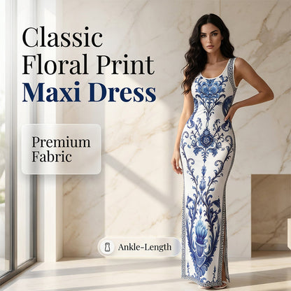 📢 LIMITED TIME 50% OFF! 🌸 Women's Classic Floral Print Maxi Dress – Bodycon Silhouette & Dramatic Side Slit 💙