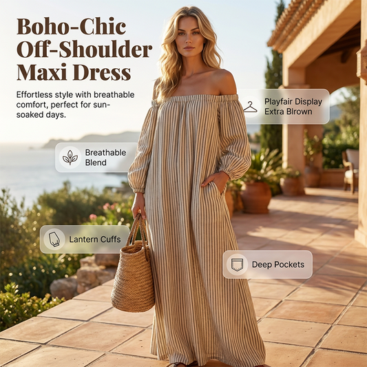 🎉 LIMITED TIME 50% OFF! 👗 Women's Off-Shoulder Maxi Dress – Lantern Sleeves, Relaxed Fit & Side Pockets 🌸