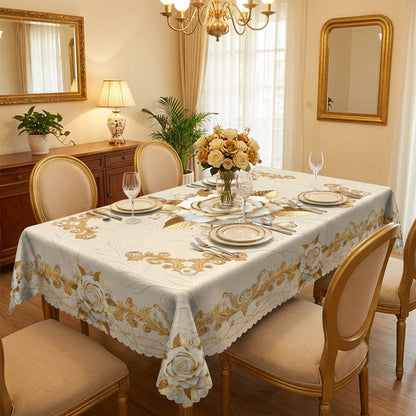 🌸 LIMITED TIME 50% OFF! 🍽️ Waterproof Gold Rose Tablecloth – Embossed Effect, Stain-Resistant & Elegant for Dining ✨