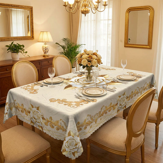 🌸 LIMITED TIME 50% OFF! 🍽️ Waterproof Gold Rose Tablecloth – Embossed Effect, Stain-Resistant & Elegant for Dining ✨