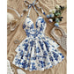 👗🌸 LIMITED TIME 50% OFF! ✨ Women's Halter Tie-Neck Printed Mini Dress – Lace-Up Front, Smocked Back & Tiered Ruffle Skirt 💃