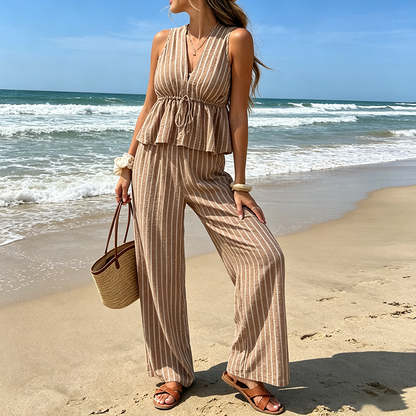 🔥 LIMITED TIME 50% OFF! ✨ Women's Elegant Stripe 2-Piece Outfit – Flattering V-Neck Peplum Top & Relaxed Wide-Leg Trousers 🌸
