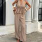 🔥 LIMITED TIME 50% OFF! ✨ Women's Elegant Stripe 2-Piece Outfit – Flattering V-Neck Peplum Top & Relaxed Wide-Leg Trousers 🌸