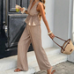 🔥 LIMITED TIME 50% OFF! ✨ Women's Elegant Stripe 2-Piece Outfit – Flattering V-Neck Peplum Top & Relaxed Wide-Leg Trousers 🌸