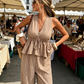 🔥 LIMITED TIME 50% OFF! ✨ Women's Elegant Stripe 2-Piece Outfit – Flattering V-Neck Peplum Top & Relaxed Wide-Leg Trousers 🌸