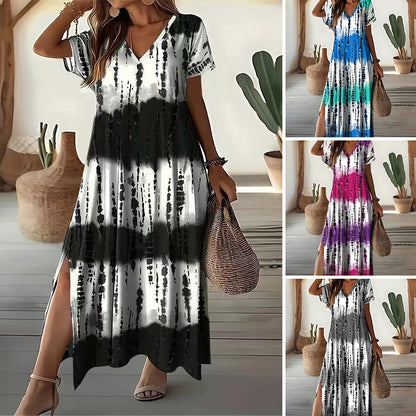 🏖️🌸 LIMITED TIME 50% OFF! 💃 Women's Casual V-Neck Gradient Dress – Dreamy Color Blend & Knee-High Side Slits ✨