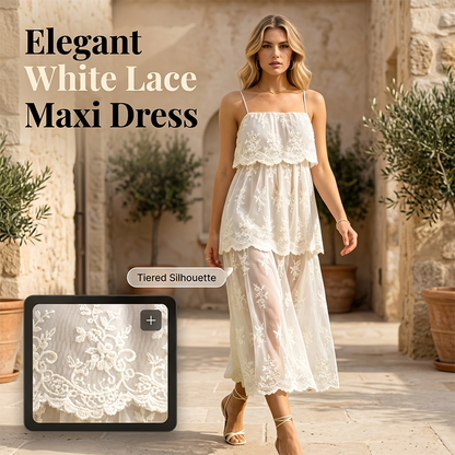 🎉 LIMITED TIME 50% OFF! 👗 Women Elegant White Lace Spaghetti Strap Maxi Dress – Intricate Floral Lace & Flattering Tiered Silhouette 🌸