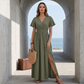 Women's Summer V-Neck Side Slit Maxi Dress – Polyester – Flowy Silhouette for Casual & Vacation Wear 🌸