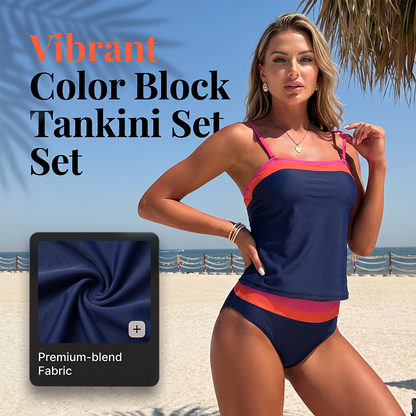 ⏳ LAST DAY 50% OFF! 📢 Women Two-Piece Tankini Color Block Conservative Swimsuit Set 👙