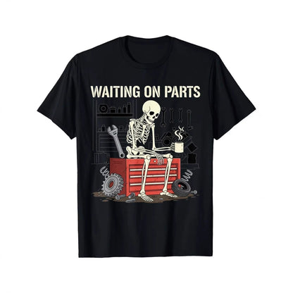 🎉 LIMITED TIME 50% OFF! 💀 Waiting On Parts Funny Skeleton Auto Mechanic Technician T-Shirt – Humorous Auto Shop Design 🔧