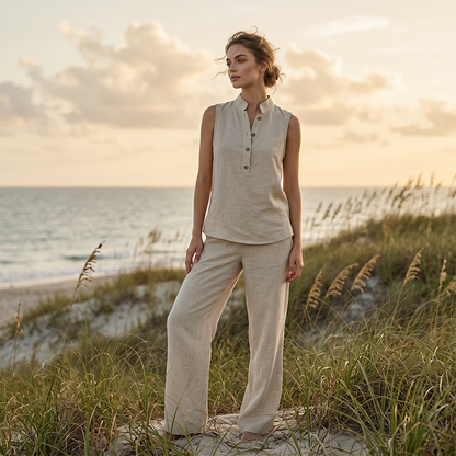🎉 LIMITED TIME 50% OFF! 💕 Women's Minimalist Sleeveless Top & Wide-Leg Pants Set – Stand Collar & Relaxed Fit 🌸