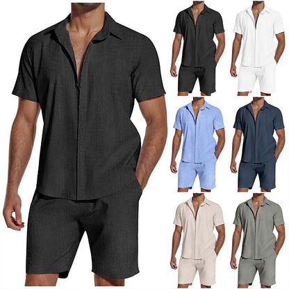 🎉 LIMITED TIME 50% OFF! 👕 Summer Casual Breathable 2-Piece Set for Men – Camp Collar Shirt & Linen Fabric ☀️