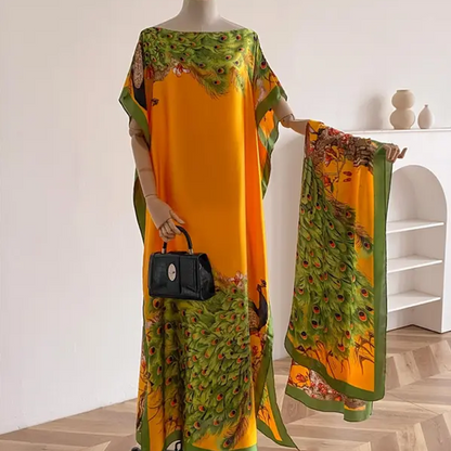 🔥Women's Printed Shawl & Maxi Dress Set – Polyester – Ethnic-Inspired Print & Versatile 2-in-1 Design for Casual & Formal Wear 🌸