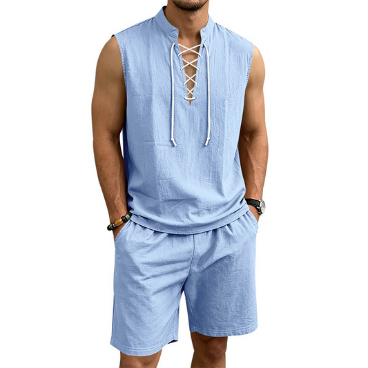 🔥 Pro-Favorite Men's Linen Sleeveless Lace-Up Top & Shorts Set – Linen – Breathable ☀️