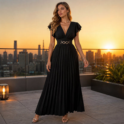📢 LIMITED TIME 50% OFF! ⏰ Women Elegant V-Neck Pleated Long Dress – Ruffle Sleeves & Metal Waistband 💃