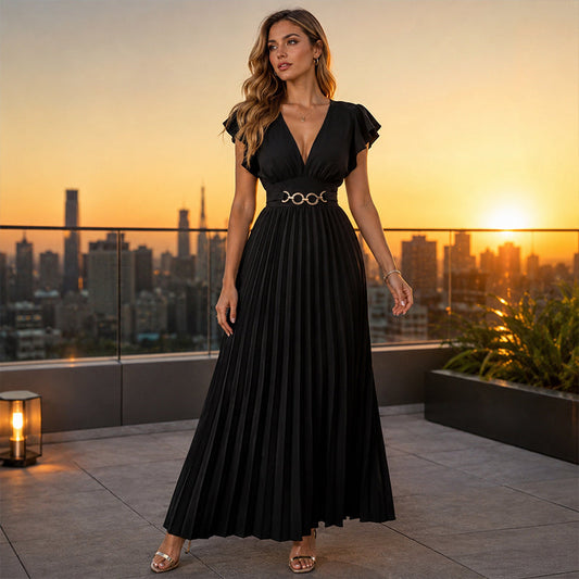 📢 LIMITED TIME 50% OFF! ⏰ Women Elegant V-Neck Pleated Long Dress – Ruffle Sleeves & Metal Waistband 💃