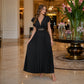 📢 LIMITED TIME 50% OFF! ⏰ Women Elegant V-Neck Pleated Long Dress – Ruffle Sleeves & Metal Waistband 💃