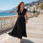 📢 LIMITED TIME 50% OFF! ⏰ Women Elegant V-Neck Pleated Long Dress – Ruffle Sleeves & Metal Waistband 💃