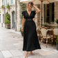 📢 LIMITED TIME 50% OFF! ⏰ Women Elegant V-Neck Pleated Long Dress – Ruffle Sleeves & Metal Waistband 💃