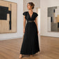 📢 LIMITED TIME 50% OFF! ⏰ Women Elegant V-Neck Pleated Long Dress – Ruffle Sleeves & Metal Waistband 💃