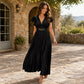 📢 LIMITED TIME 50% OFF! ⏰ Women Elegant V-Neck Pleated Long Dress – Ruffle Sleeves & Metal Waistband 💃