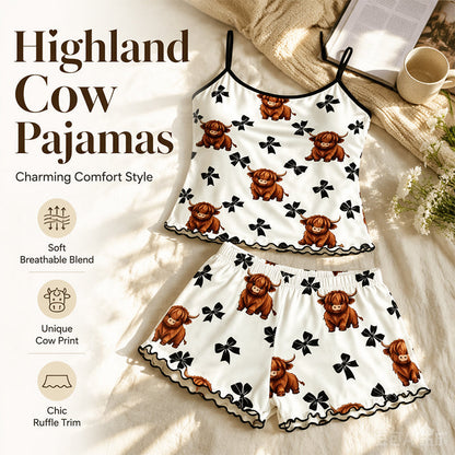🌸 LIMITED TIME 50% OFF! 🌸 Summer Sleeveless Spaghetti Strap Cami Sleepwear Set – Highland Cow Print & Ruffle Trim 🐄