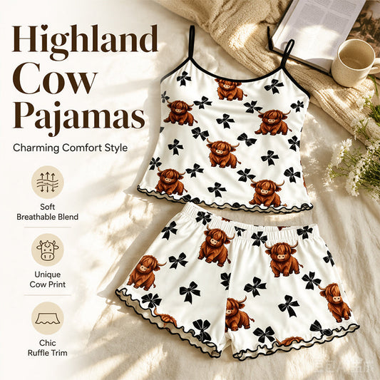 🌸 LIMITED TIME 50% OFF! 🌸 Summer Sleeveless Spaghetti Strap Cami Sleepwear Set – Highland Cow Print & Ruffle Trim 🐄