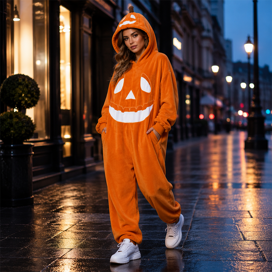 🎉 LIMITED TIME 50% OFF! 🎃 Unisex Halloween Pumpkin Hooded Jumpsuit – Festive Onesie with Built-In Pumpkin Face 🎭