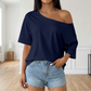 🎉 LIMITED TIME 50% OFF! 👚 Women's Casual Off-Shoulder T-Shirt – Asymmetrical Neckline & Drop-Shoulder Sleeves 🌸