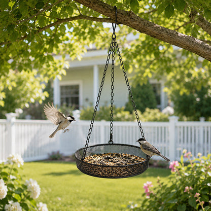 🐦 50% OFF! ✨ Hanging Wild Bird Feeder Tray – Rust-Resistant Metal Mesh Platform, 360° Open Feeding Area & Heavy-Duty Three-Point Hanging Chains – Classic Matte Black Garden Accent for Backyard Birding 🌿
