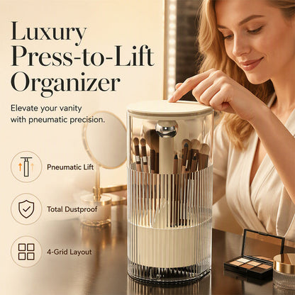 🎉 LIMITED TIME 50% OFF! 💄 Elegant Dustproof Makeup Brush Organizer – Press-Lift Storage, Multiple Compartments & Protective Cover ✨