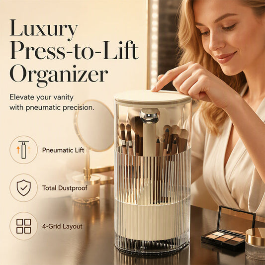 🎉 LIMITED TIME 50% OFF! 💄 Elegant Dustproof Makeup Brush Organizer – Press-Lift Storage, Multiple Compartments & Protective Cover ✨