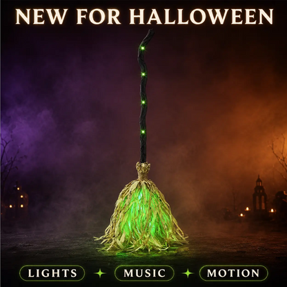 🧙 LIMITED TIME 50% OFF NOW! Animated Witch Broom Halloween Decoration – Walking Feet Movement, Spooky Sound & Glowing Green LED Lights – Perfect for Yard & Party ✨