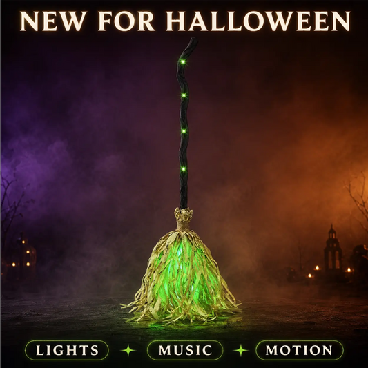 🧙 50% OFF! ✨ Animated Witch Broom Halloween Decoration – Self-Walking Feet Movement, Spooky Laughter Sound & Glowing Green LED Lights – Battery-Powered Interactive Yard Prop 🎃