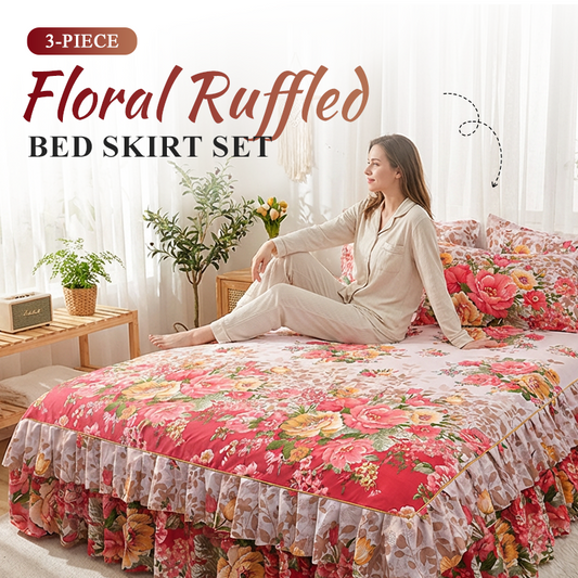 🌸 LIMITED TIME 50% OFF! 3-Piece Floral Ruffled Bed Skirt – Decorative Bedroom Bedding Set with Pillowcases ✨