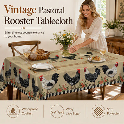🎉 LIMITED TIME 50% OFF! 🐓 Rustic Vintage Rooster Tablecloth – Waterproof, Scalloped Lace Edges & Authentic Pastoral Charm ✨