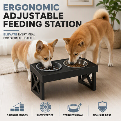🎉 LIMITED TIME 50% OFF! 🐕 Elevated Dog Bowls with Slow Feeder & Stainless Steel Bowls – Ergonomic Adjustable Feeding Station – 3 Height Settings ✨