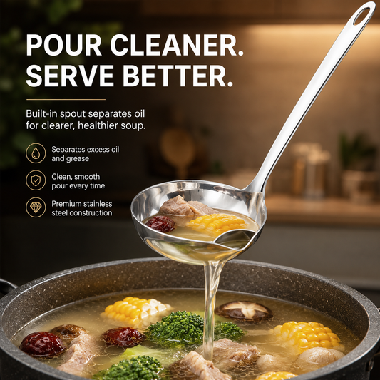 📢 50% OFF! ⏰ Oil Separator Spoon – Stainless Steel Fat-Filtering Ladle with Integrated Separation Spout, Heat-Resistant Ergonomic Long Handle & Space-Saving Hanging Hole – for Healthier Soups Stews & Broths ✅