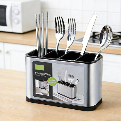 🍴 LIMITED-TIME 50% OFF! ✨ Space-Saving Stainless Steel Kitchen Utensil Holder – 4-Compartment Organization, Bottom Drainage & Modern Design 🥄