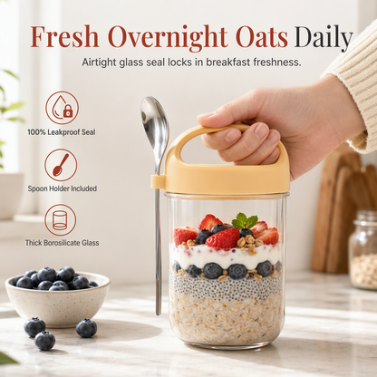 🥣 50% OFF! ✨ Portable Glass Overnight Oats Jar with Spoon & Leakproof Lid – Airtight Seal, Built-In Spoon Holder & Heat-Resistant Glass – Fresh Breakfast Anywhere 🏃